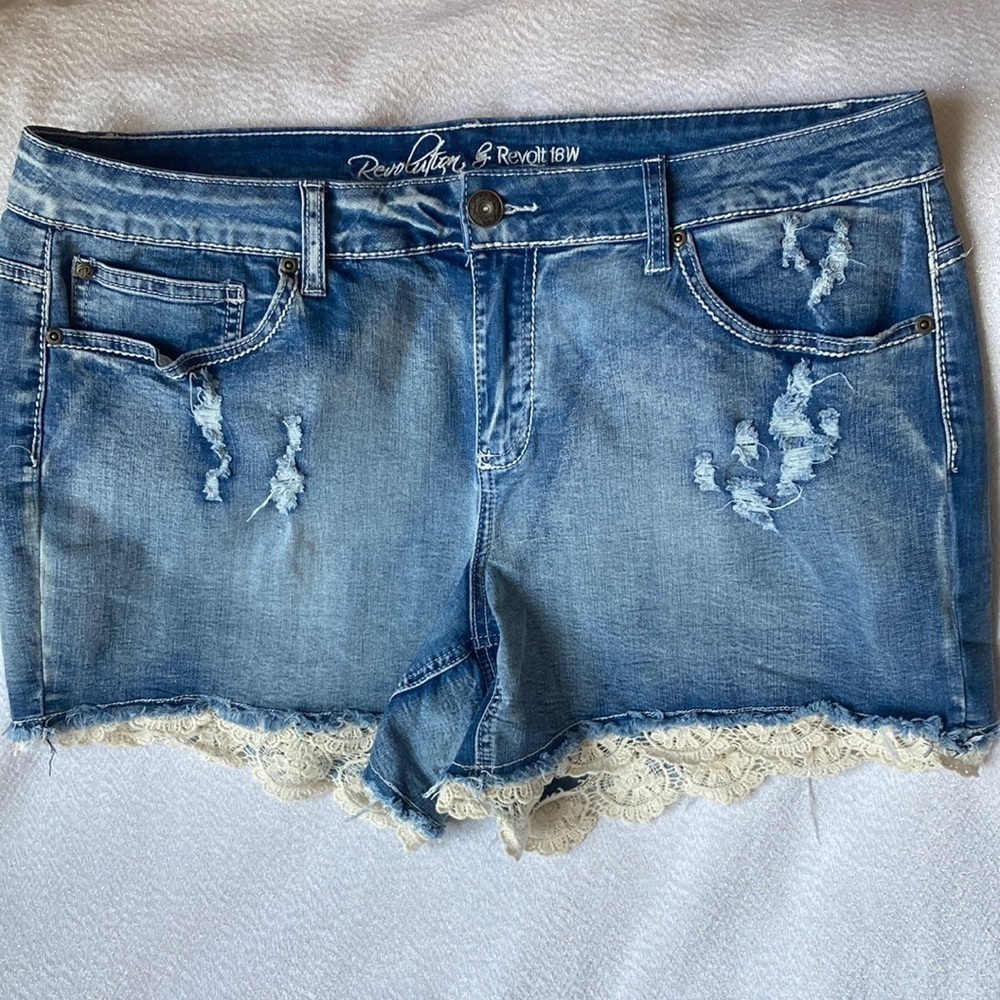 Revolution by Revolt Denim Distressed Lace Hem Shorts Size 18W